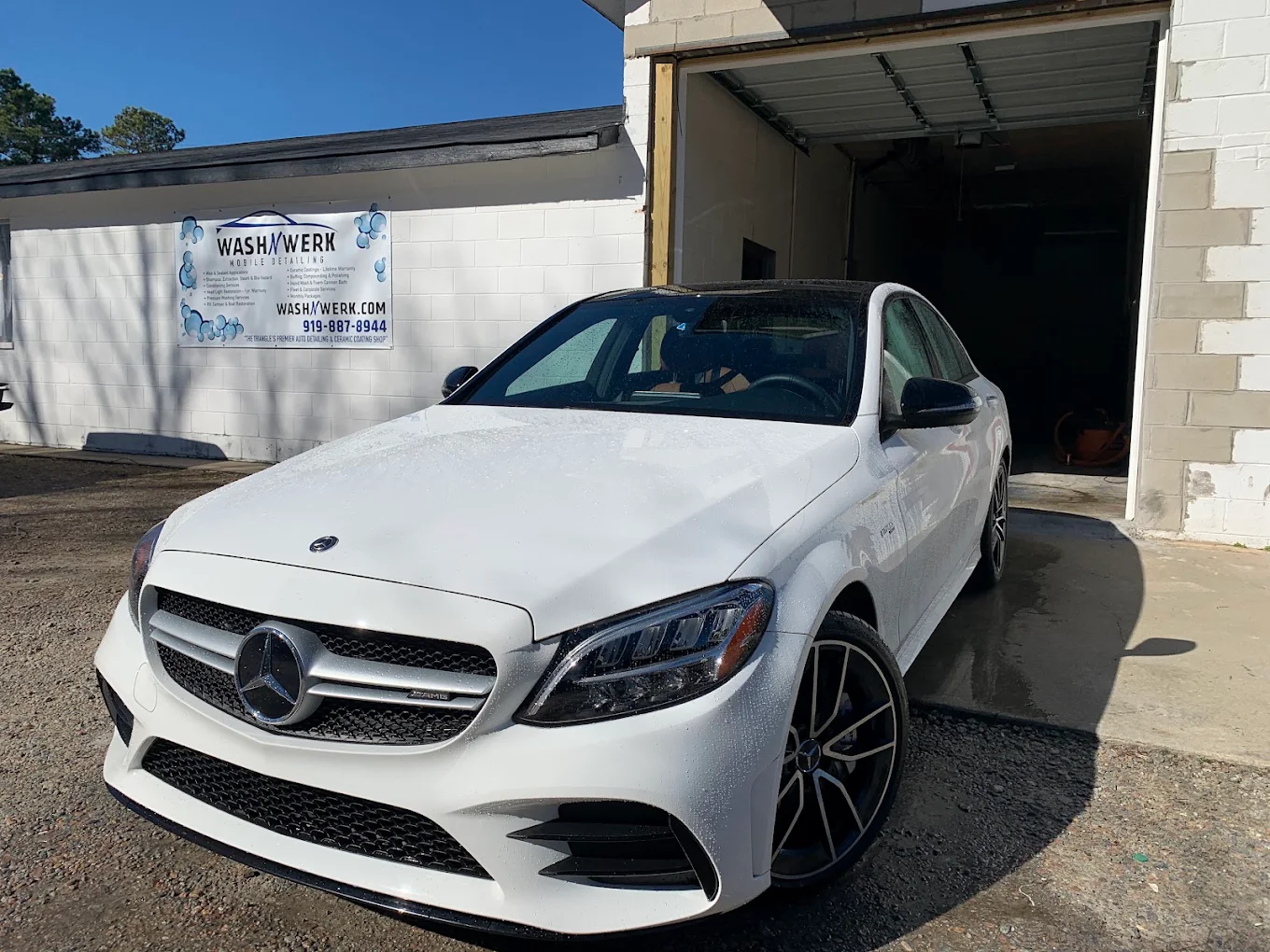 White Mercedes with a freshly detailed finish
